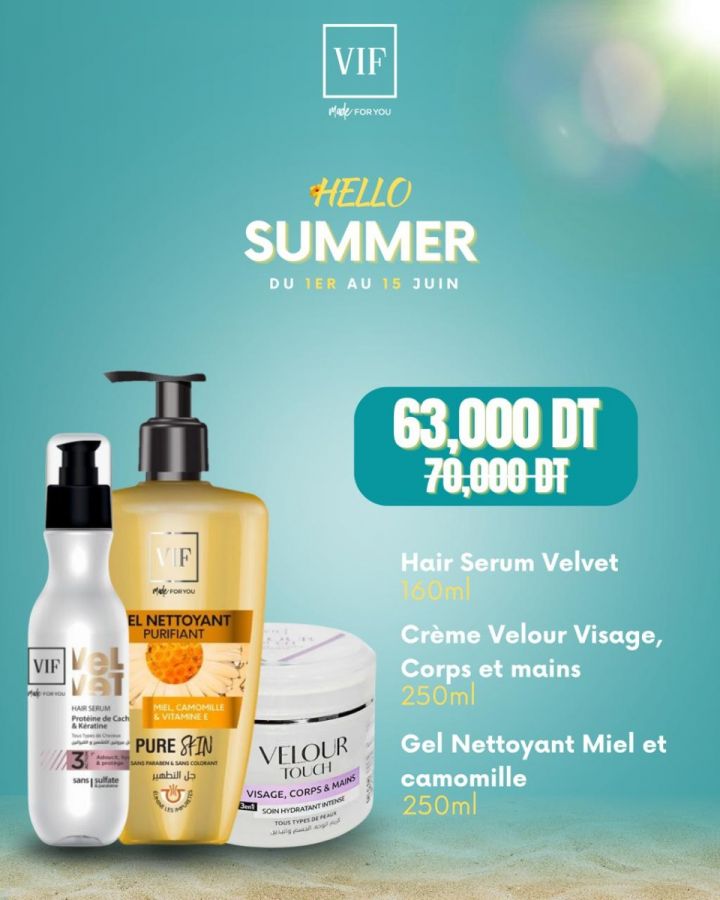 Pack Crème Visage Corps & Mains VELOUR 250ml - Gel nettoyant Miel, Camomille et Vitamine E pour peau sèche - Hair Serum VELVET protéine de cachemire & keratine160 ml