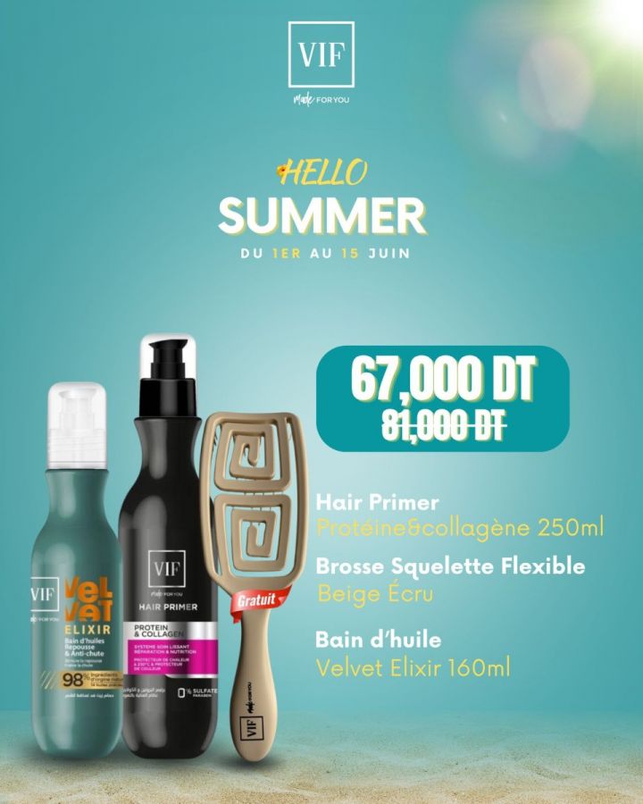 Pack Haïr Primer Protein&Collagen 250 ml - Brosse Squelette Flexible Beige Ecru - Bain D'Huile Velvet Elixir 160 ml