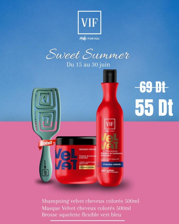 Pack Shampoing Velvet Cheveux Colorés 500 ml - Masque Velvet Cheveux Colorés 500 ml - Brosse Squelette Flexible Vert Bleu