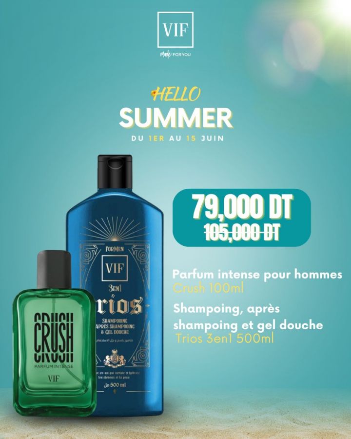 Pack Parfum intense Crush 100 ml - TRIOS 3en1 shampoing, après shampoing et gel douche 500ml