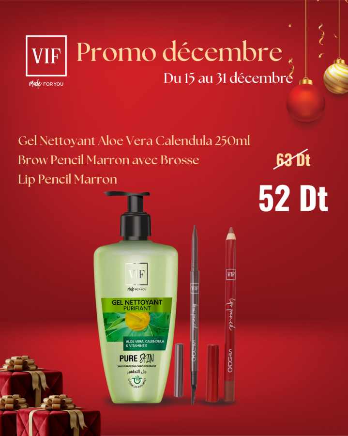 Pack Gel Nettoyant Aloe Vera 250ml - Brow Pencil Marron avec Brosse - Lip Pencil Marron