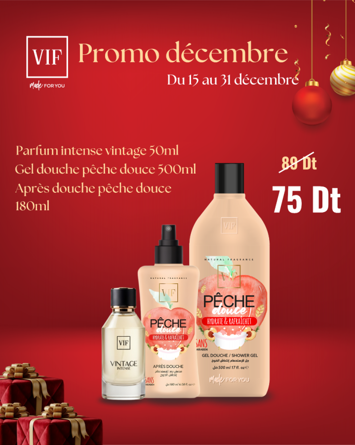 Pack Gel douche peche 500ml- Apres douche peche 180ml - Parfum Vintage 50ml