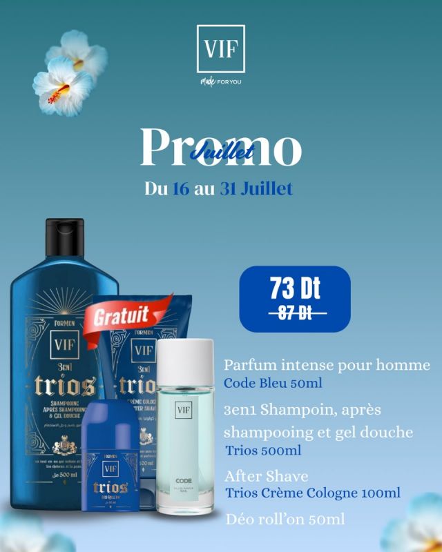 Pack TRIOS 3en1 500ml - Deo Roll'on Trios 50ml - Crème Cologne - After Shave - TRIOS - Parfum Homme Code Bleu 50 ml