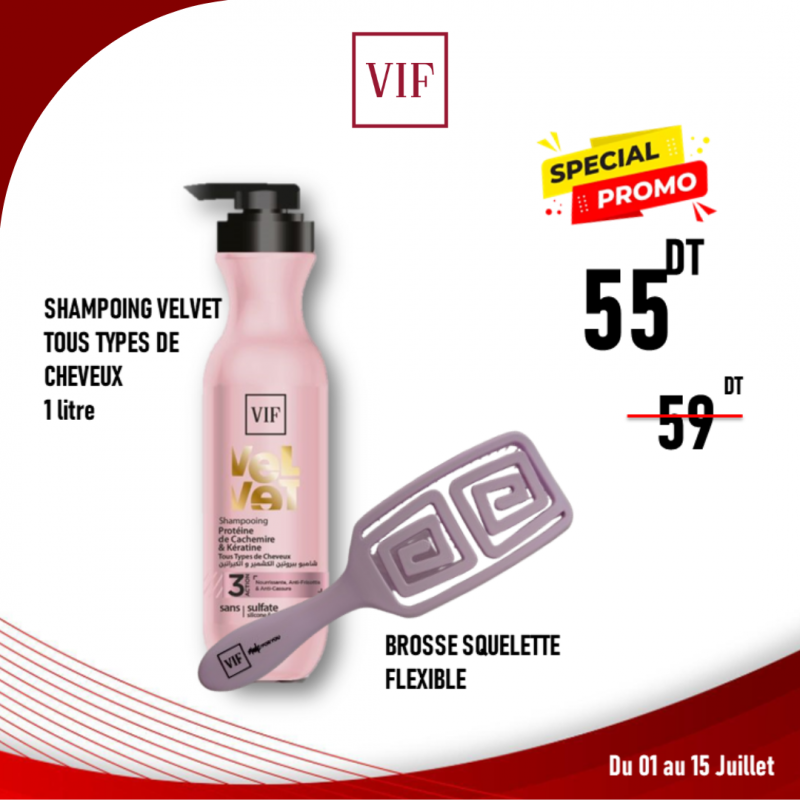 Pack Shampoing tous types de cheveux Velvet 1 litre - Brosse squelette flexible RV