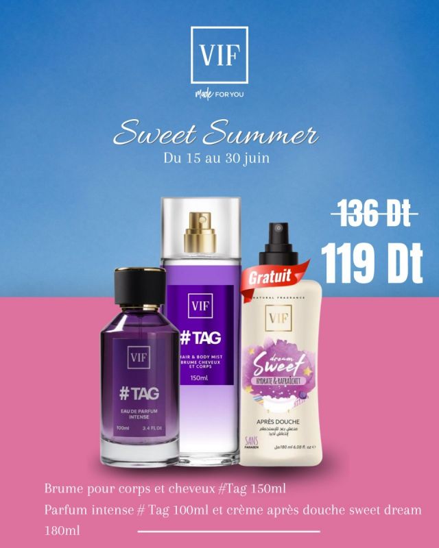 Pack Parfum intense #Tag 100ml - Brume de corps et cheveux TAG 150 ml - Crème après douche Sweet Dream 180ml
