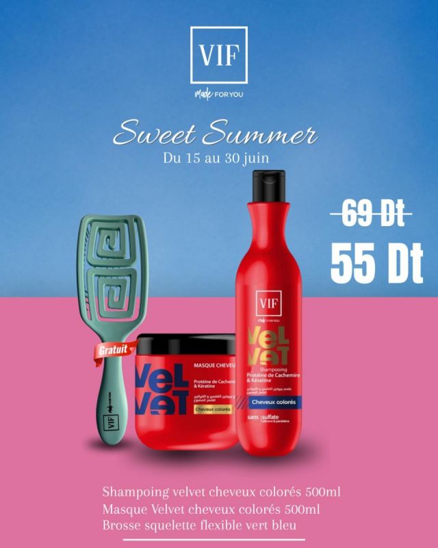 Pack Shampoing Velvet Cheveux Colorés 500 ml - Masque Velvet Cheveux Colorés 500 ml - Brosse Squelette Flexible Vert Bleu