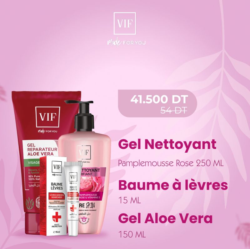 Pack Gel Nettoyant Pamplemousse Rose 250ml - Baume à lèvres 15ml - Gel Aloe Vera 150ml