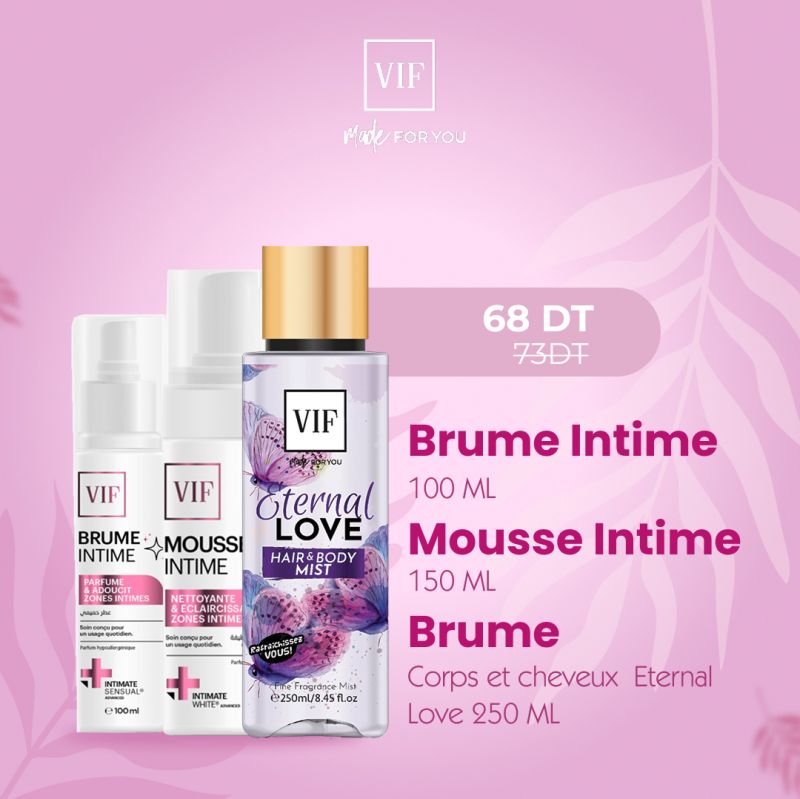 Pack Brume Intime 100ml - Mousse Intime 150ml - Brume de corps et cheveux Eternal Love 250ml