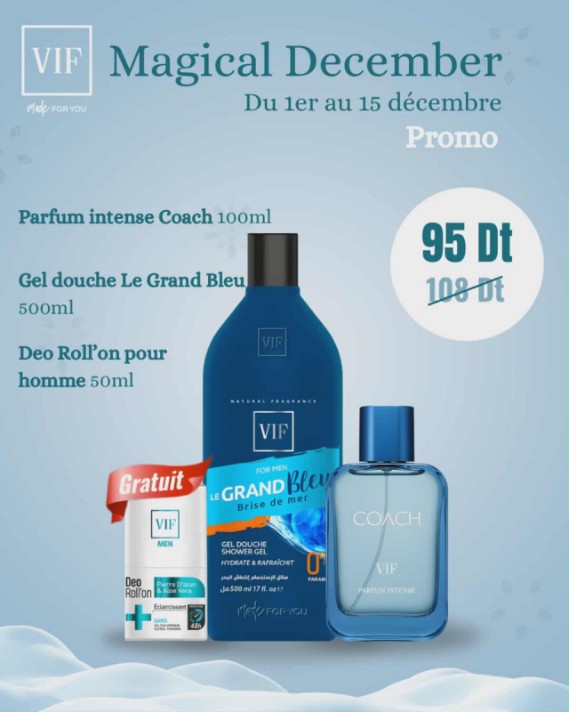 Pack Parfum COACH 100ml - Gel grand bleu 500ml - Roll'on homme